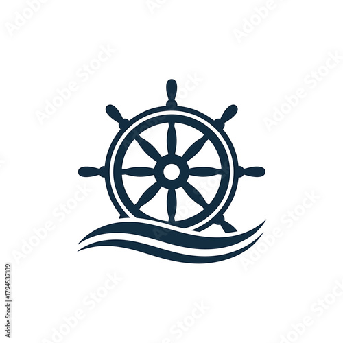 Nautical Wheel and Waves Illustration on White Background Symbolizing Maritime Adventures and Sea Navigation