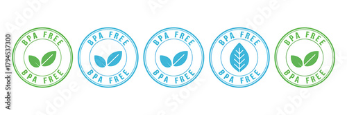 Selection of BPA Free Label Icons in Green and Blue Colors for Product Marketing and Safe Packaging