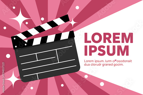 Stylized Movie Clapperboard Illustration on Pink Background with Abstract Sunburst Pattern and Stars for Film and Entertainment Industry