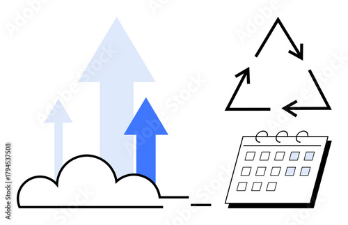 Arrows pointing upward represent growth and progress, the triangular arrows signify recycling and sustainability, alongside a calendar representing organization. Ideal for environmental awareness