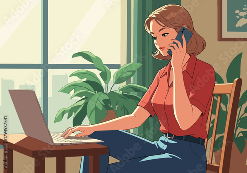Professional woman multitasking at her home office. Using a laptop and smartphone for business communication. Anime style drawing