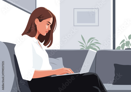 A woman working on a laptop from home. Character sitting on a sofa in a modern interior. Flat design graphic for remote work or freelance concepts