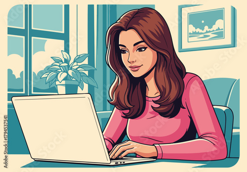 Cartoon of a woman working on a laptop at her home office desk. Remote work, freelance, and online education concept. Female character graphic