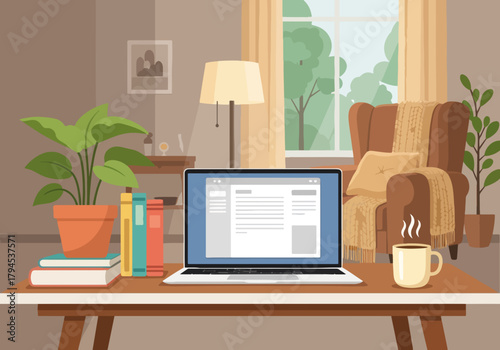 Cozy home office workspace with a laptop on a desk. Remote work and online study concept. Flat design graphic of a comfortable living room interior