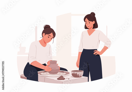 Woman learning pottery making in a creative workshop. Student and teacher crafting a clay pot on a wheel. Flat design of a handmade craft hobby