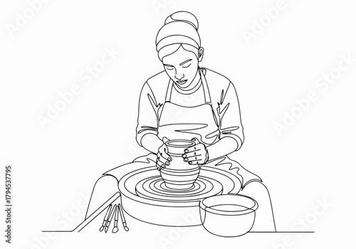 Woman making pottery in a continuous line art style. Minimalist drawing of a female artisan and potter's wheel. Handmade craft and hobby concept