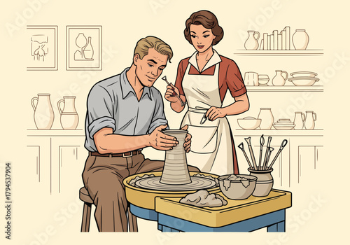 A vintage graphic of a couple making pottery. Man shaping clay on a potter's wheel in a creative workshop. Retro 1950s style artwork of a handmade craft hobby.