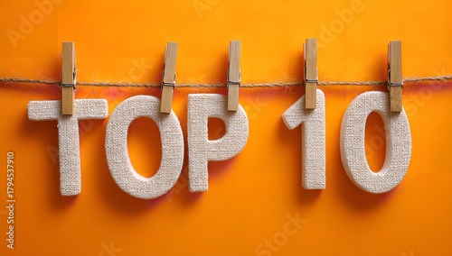 Elegant Top 10 Graphic: White Letters Hanging on Twine Against Vibrant Orange Canvas