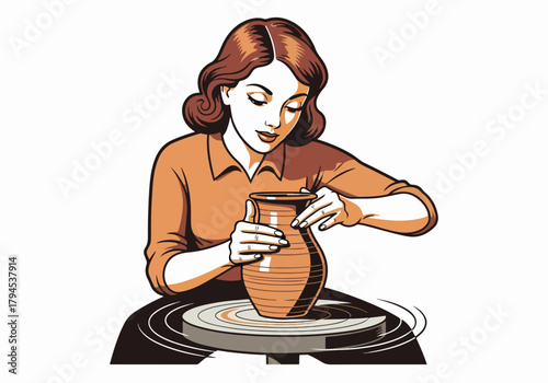 A retro graphic of a woman making pottery on a wheel. Handmade craft and hobby concept. Vintage style artisan shaping a clay vase