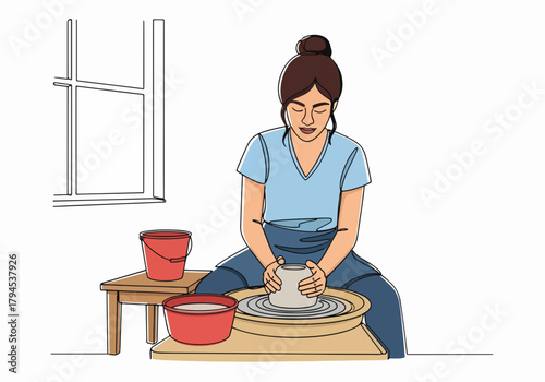 Woman making pottery on a wheel. Creative craft and hobby concept. Continuous line art with flat color
