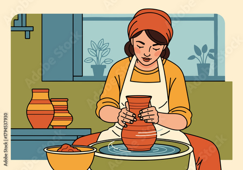 A woman making a clay pot on a potter's wheel. Handmade craft and hobby concept. Flat design of an artisan in a workshop creating ceramics