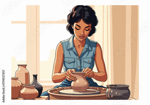 A woman engaged in pottery making at a potter's wheel. Creative hobby and handmade craft concept. Artisan shaping a clay pot in a studio