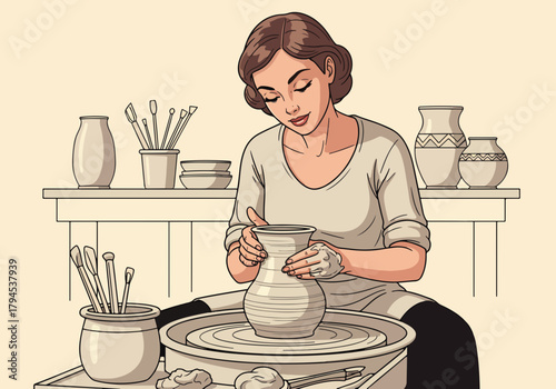 A woman making pottery on a potter's wheel. Artisan crafting a clay vase in a workshop. Line art graphic of a creative hobby