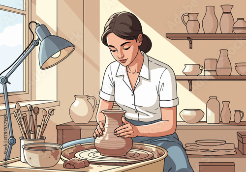 A woman making pottery on a wheel in a workshop. Artisan creating a handmade ceramic vase. Creative hobby and craft concept graphic