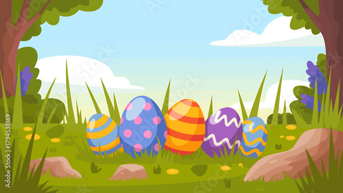 Easter Egg Hunt in a Sunny Meadow with Decorated Eggs and Green Grass Peaceful Holiday Scene