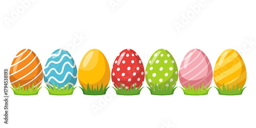 Vibrant Easter Eggs Row with Spring Grass and Colorful Designs Celebrating Holiday Season and Festive Decoration Isolated on White Background