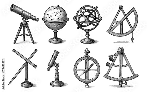 Vintage scientific instruments: telescopes and astrolabes in detailed engraving style