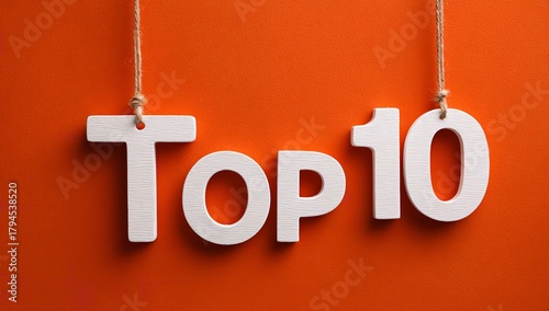 Textured Top 10 Display: Clothespin-Hanging Letters with a Vibrant Orange Backdrop Image