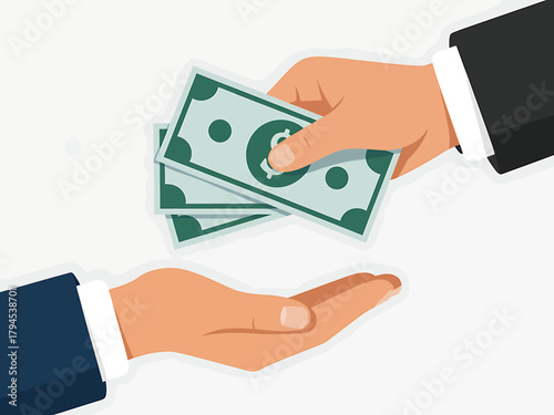 Hands exchanging money representing financial transaction payment salary business and investment concept with a professional business setting depicted in a minimalist style