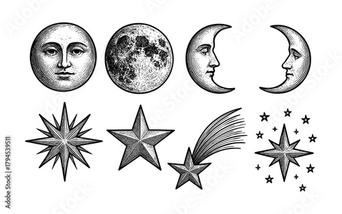 Vintage celestial elements with hand-drawn moons, stars, and comets