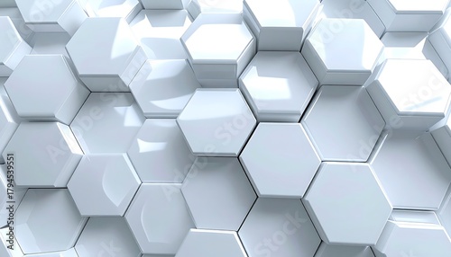 Abstract white hexagon tiled surface; some tiles raised, others indented. Glossy finish with gradient shadows and bright highlights