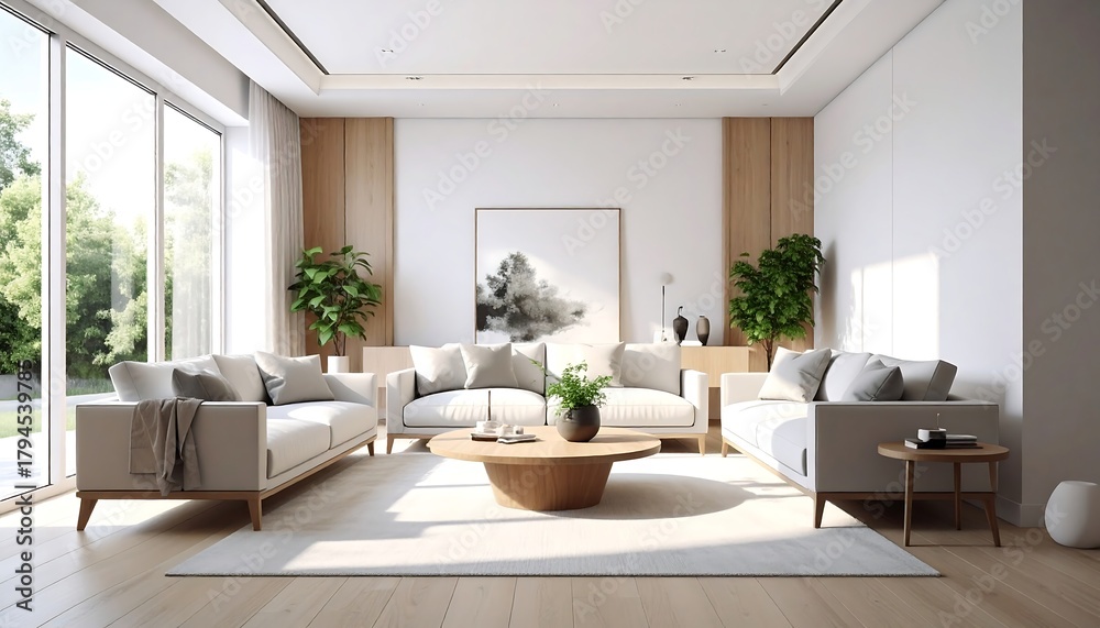 Fototapeta premium Bright, modern living room featuring sofas, a wooden table, and a garden view through the large windows