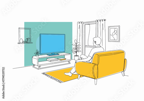 Man watching tv at home from a sofa in the living room. Minimalist one-line art drawing. Home entertainment and relaxation concept