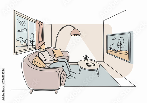 Man watching tv at home in the living room. Person relaxing on a sofa for leisure and entertainment. Minimalist continuous one-line art drawing