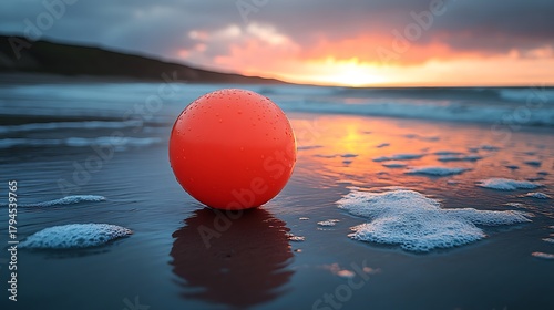 Orange egg on beach sunset