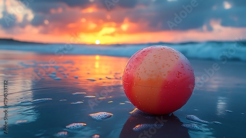 Orange pink ball on sunset beach