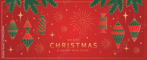 Christmas holiday banner design. Red background with vintage ornaments with gold line and winter holiday decor, hanging on a Christmas tree branch. Xmas greeting message. Vector illustration
