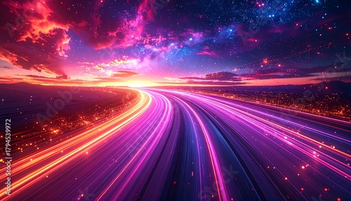 Abstract view of a futuristic track under a vibrant, colorful sky with distant city lights