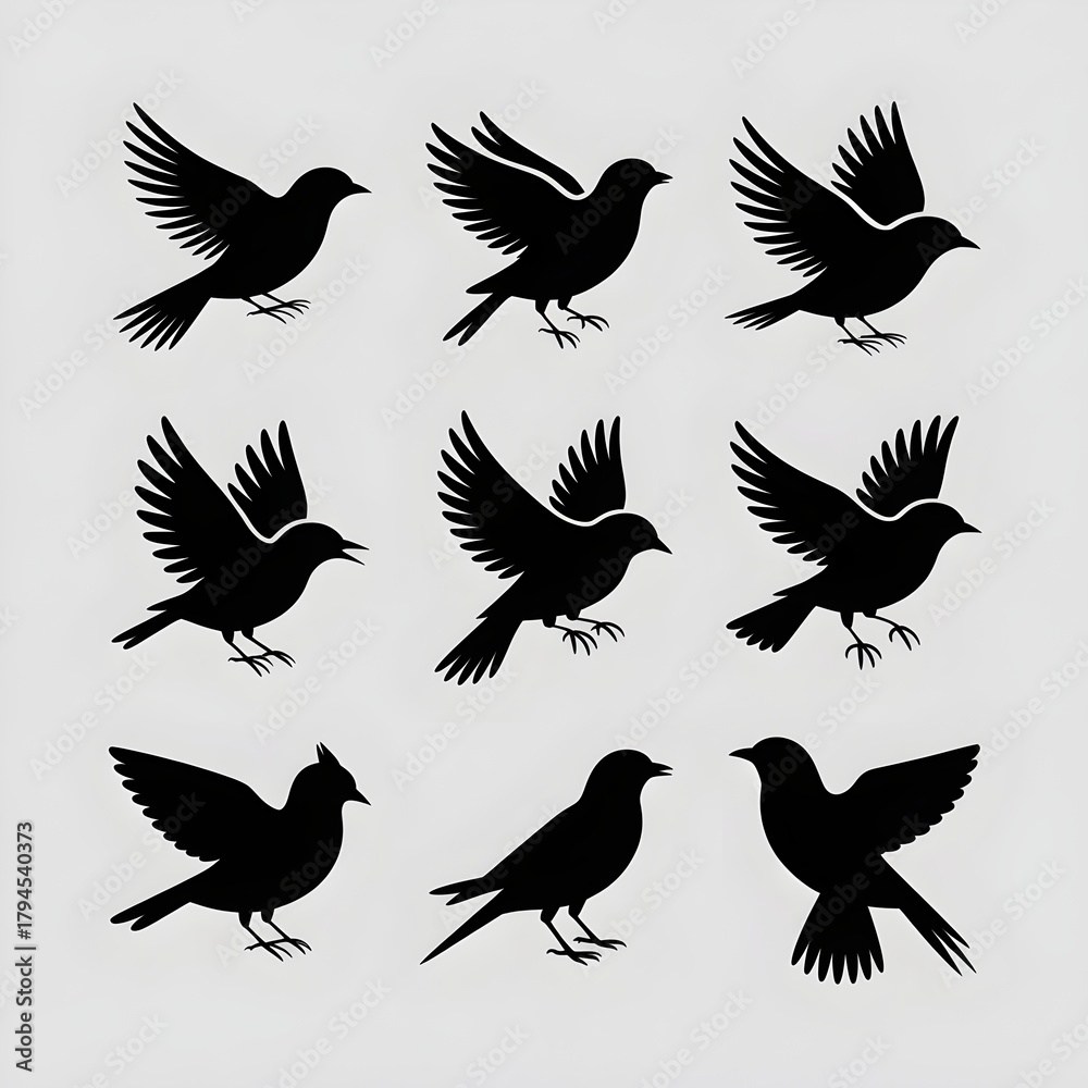 Obraz premium Avian Silhouettes: A collection of elegant bird silhouettes, capturing their graceful forms in mid-flight and poised poses, a minimalist portrayal of freedom and avian beauty.