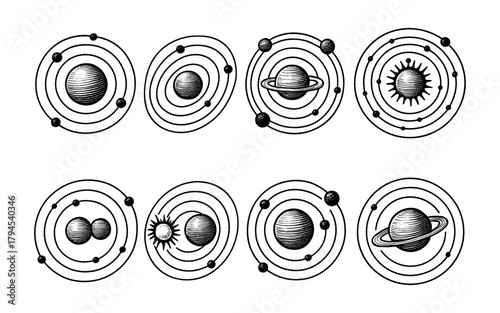 Vintage planetary diagrams with celestial bodies in orbit