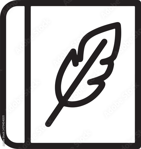 Outline vector icon of a book with a feather quill pen for writing and education concepts