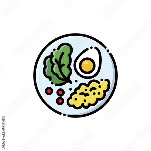 A balanced plate with lettuce, greens, carrot, beans & scrambled egg. Perfect for diet or healthy meal designs. Editable & scalable.