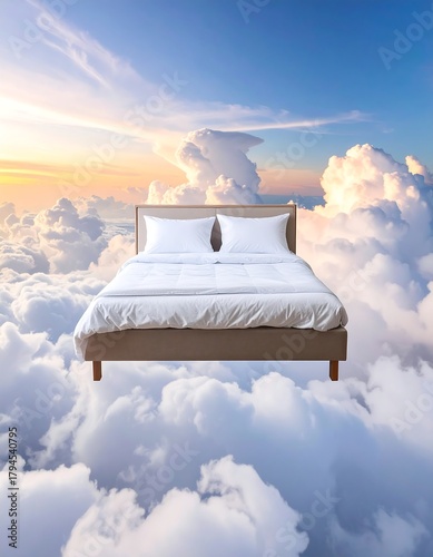 A bed floats in the sky amongst fluffy white clouds illuminated by the golden light of the setting sun. Two pillows rest