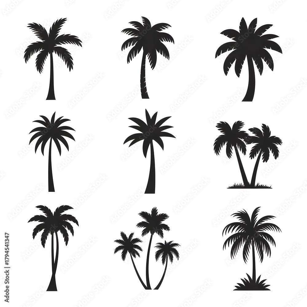 Naklejka premium Tropical Silhouette: Nine iconic palm tree silhouettes against a clean background, ideal for evoking a sense of warm tropical landscapes and island getaway.