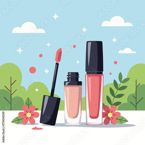 Cosmetic products flat design graphic. Lip gloss, mascara, and foundation in a stylized outdoor setting. Beauty and makeup concept art