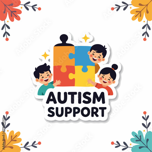 Autism support sticker with cartoon children and a puzzle. Flat design graphic for neurodiversity and awareness campaigns
