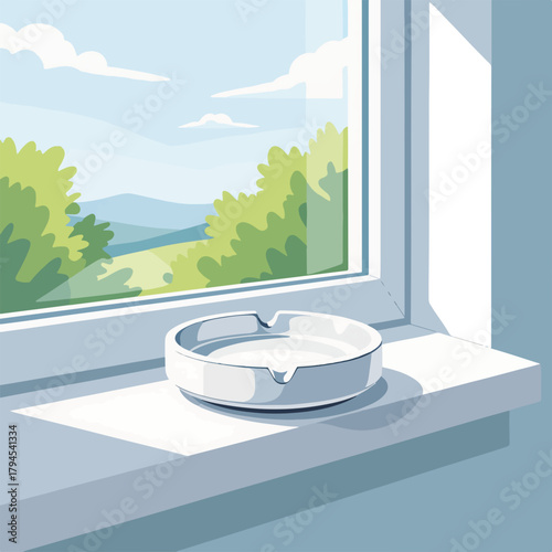 Flat style graphic of a clean ashtray on a window ledge. View of a green landscape through the window. Simple home interior design