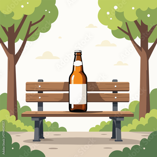 A beer bottle with a blank label on a park bench. Minimalist flat design graphic for outdoor leisure and relaxation concepts