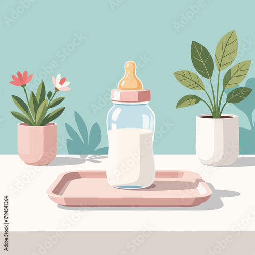 A baby bottle with milk on a tray. Flat design graphic for childcare and parenting concepts. Nursery scene with house plants