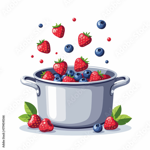 Fresh strawberries and blueberries falling into a cooking pot. Making homemade jam or fruit sauce concept. Cartoon graphic isolated on white background