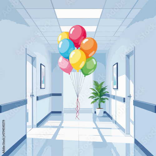 Vertical graphic of colorful balloons in a hospital hallway. Get well soon, new baby, or celebration concept. Modern flat cartoon design