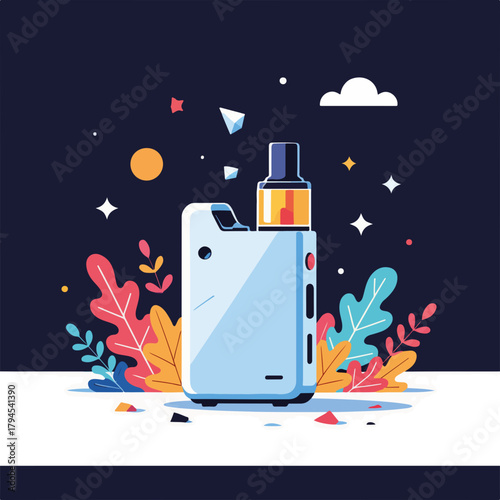 Modern vape mod graphic in a stylized night scene. Flat design of an e-cigarette with colorful leaves and abstract shapes. Electronic vaporizer concept for posters or web design