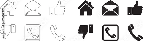  set of communication and feedback icons, featuring home, email, like, and dislike symbols