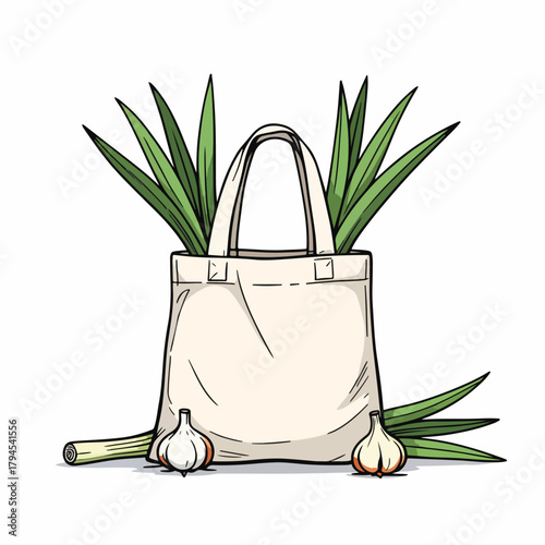 Reusable cotton bag with fresh leeks and garlic. Eco-friendly grocery shopping concept. Hand-drawn food illustration isolated on white background
