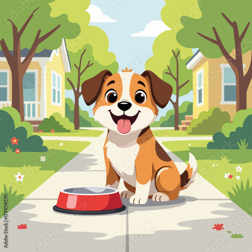 A happy cartoon dog sitting on a sidewalk with a food bowl. Flat design graphic of a domestic pet in a suburban neighborhood. Animal care concept