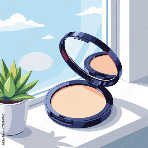 Face powder vector illustration in a flat style. Makeup compact on a windowsill with a plant. Morning beauty routine concept